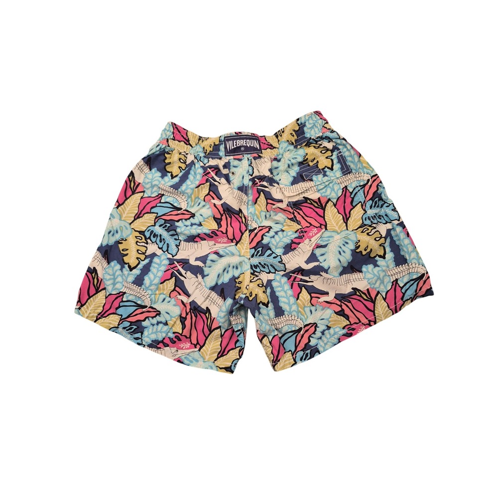 Vilebrequin Mens Alligator Tropical Leaf Print Swim Trunks Blue Pink Large
